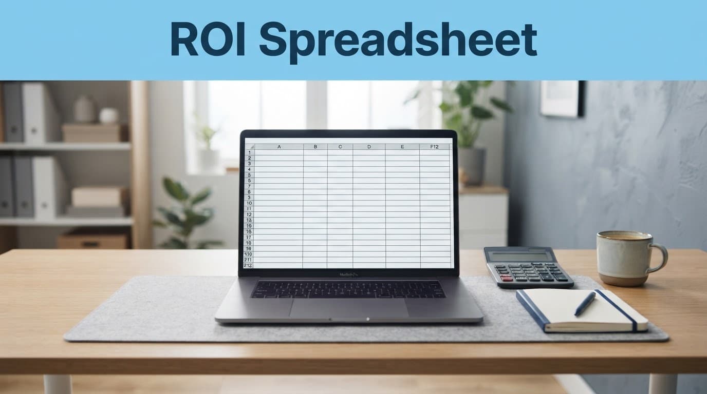 Laptop with a spreadsheet grid, calculator, notebook, and coffee on a bright desk.