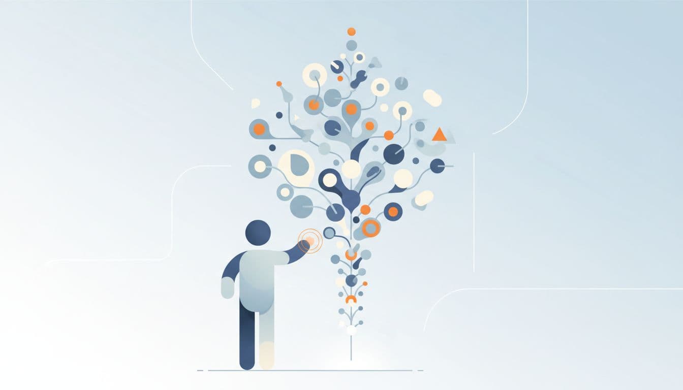 A minimalist vector illustration features a central figure arranging abstract geometric shapes. These floating icons expand upward into a cohesive network, symbolizing the organized expansion of an active subscriber community.