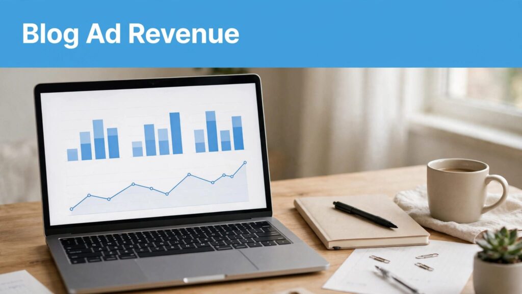 A laptop with revenue charts sits beside a notebook and coffee under a blue headline strip. Topic of post Display Ads for Blogs
