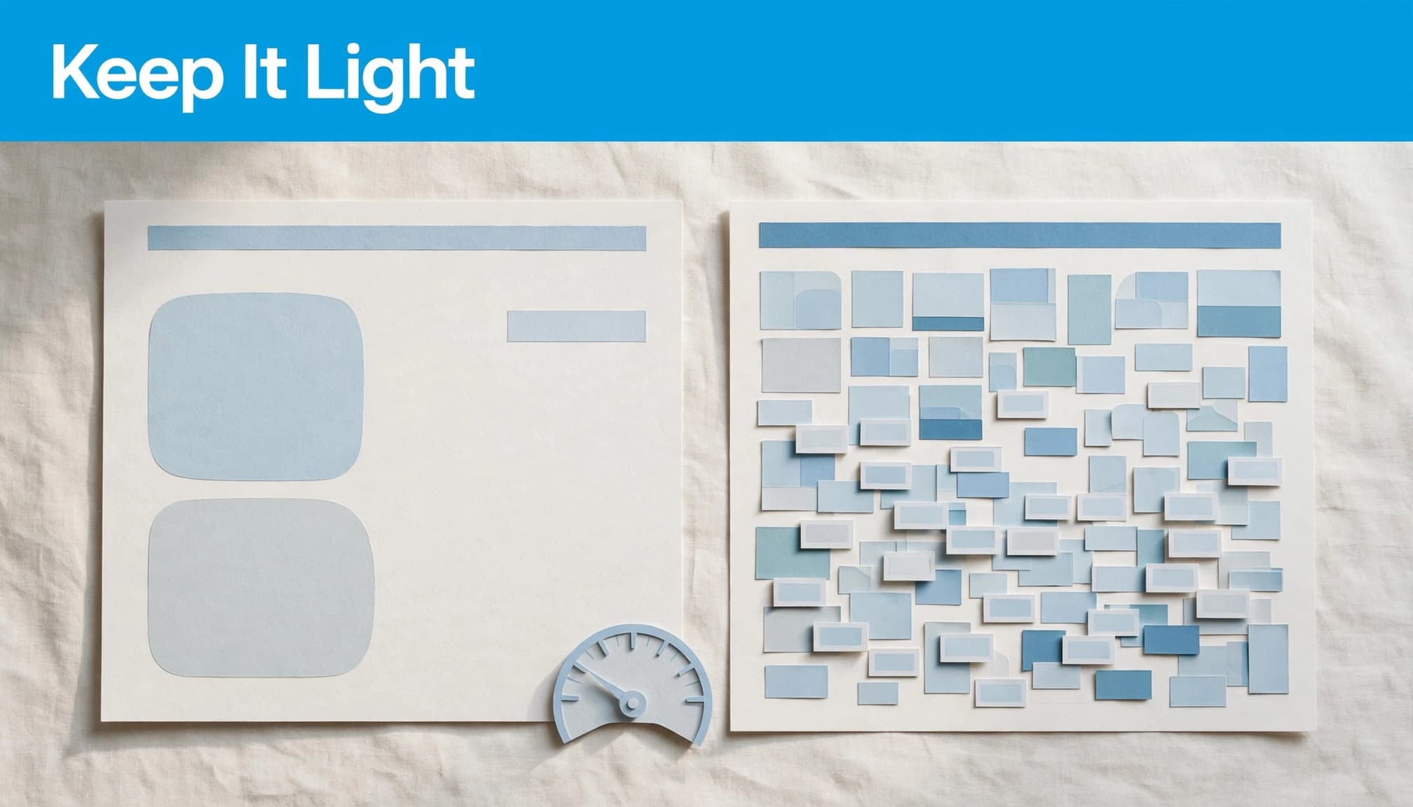 Two paper page layouts compare a sparse design with a crowded one beside a speedometer.