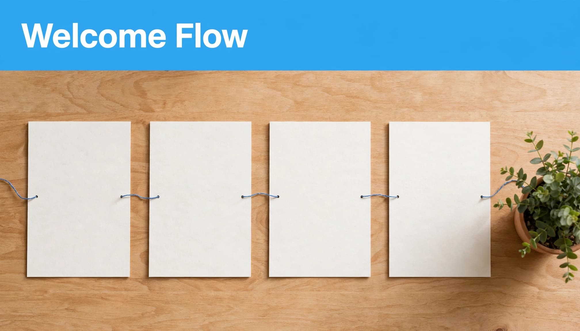 Four blank cards linked by blue thread sit beside a small plant.
