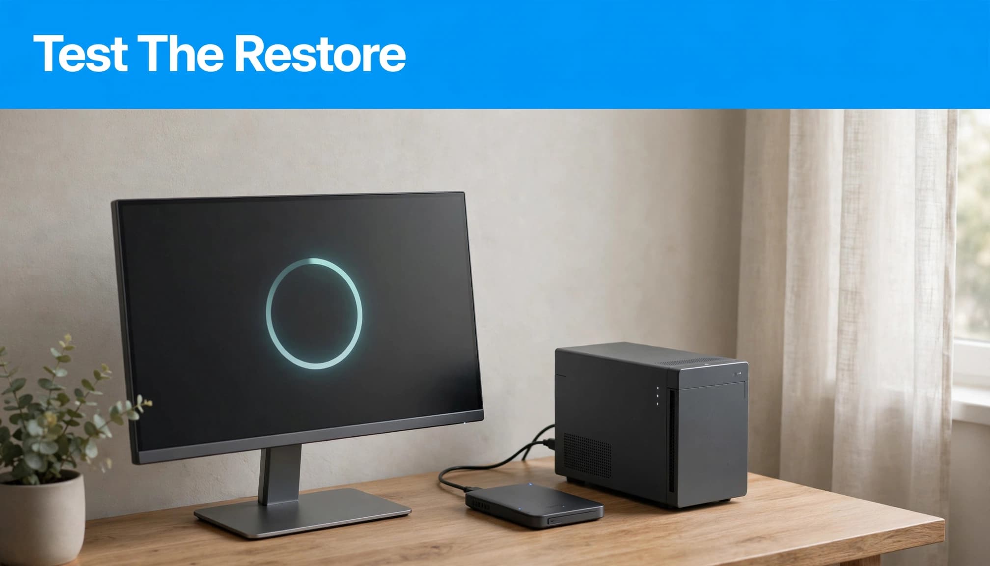 A monitor glows beside a computer tower and connected backup drive.
